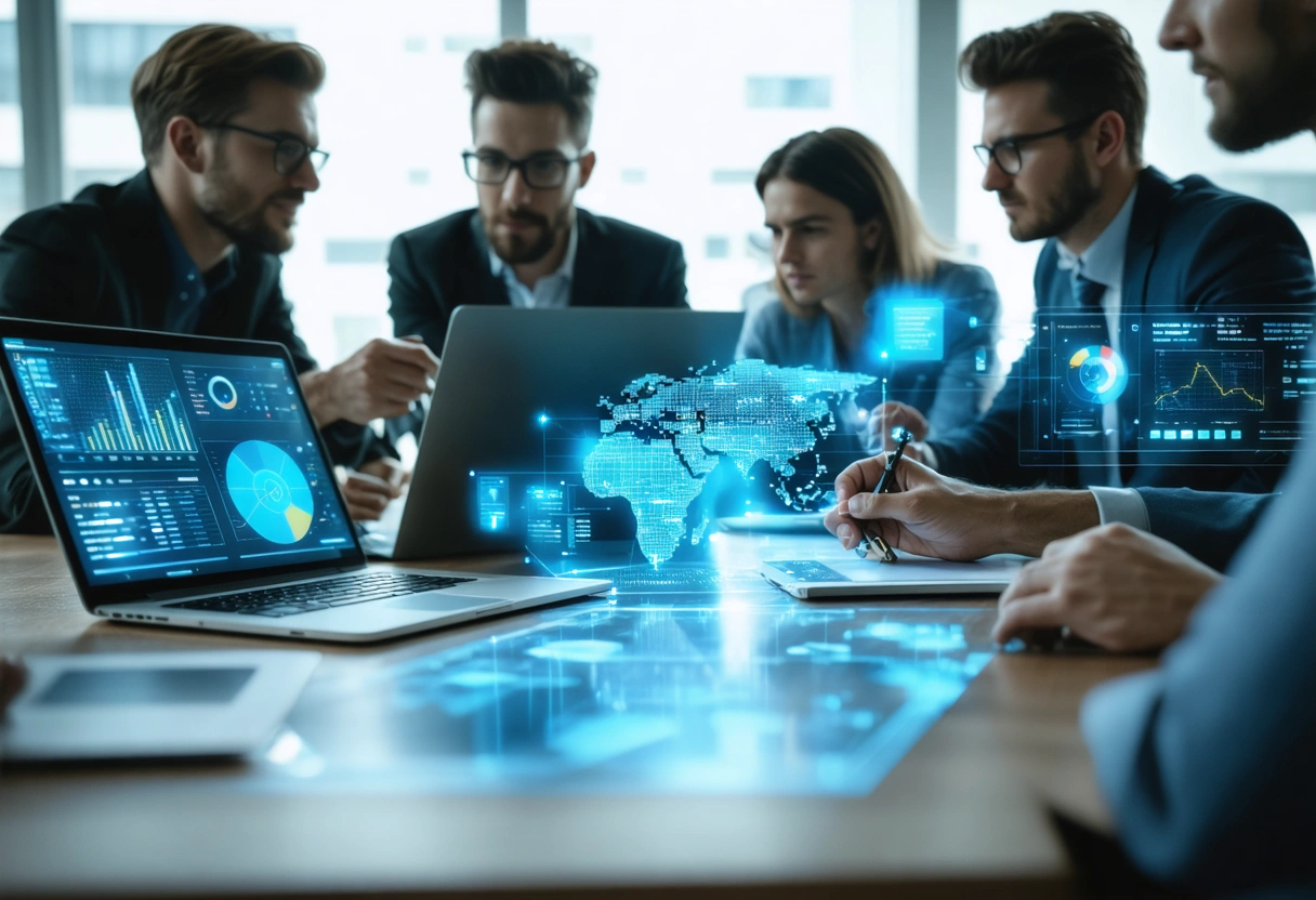 Team meeting around a table discussing marketing strategy with AI insights displayed on a large monitor