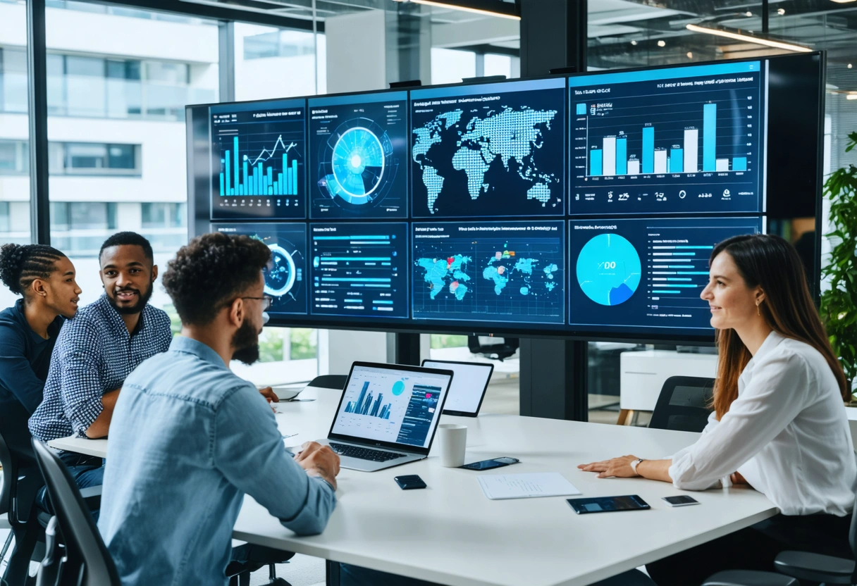 Diverse marketing team reviews AI-driven dashboards in a modern office, discussing data insights collaboratively.