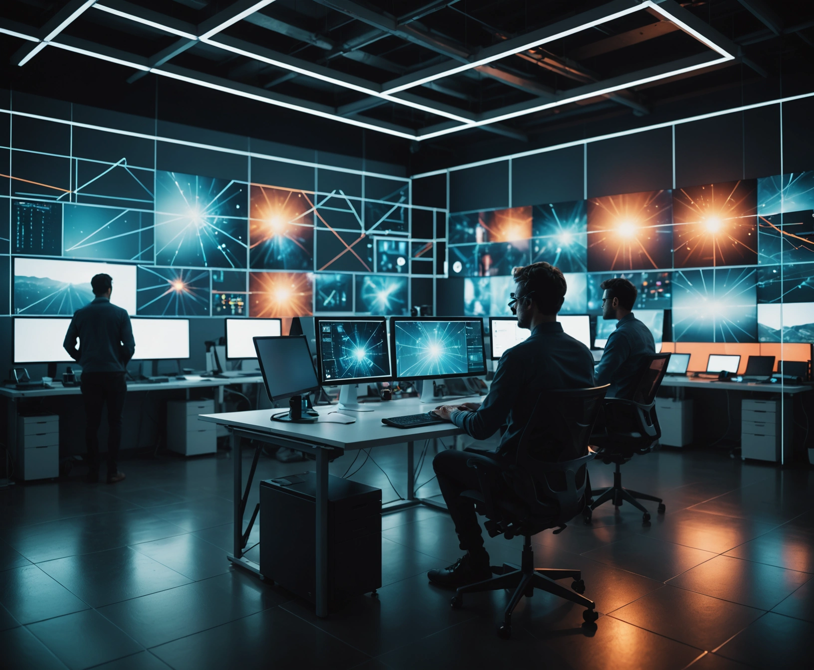 Abstract digital workspace with glowing data visuals and interconnected lines