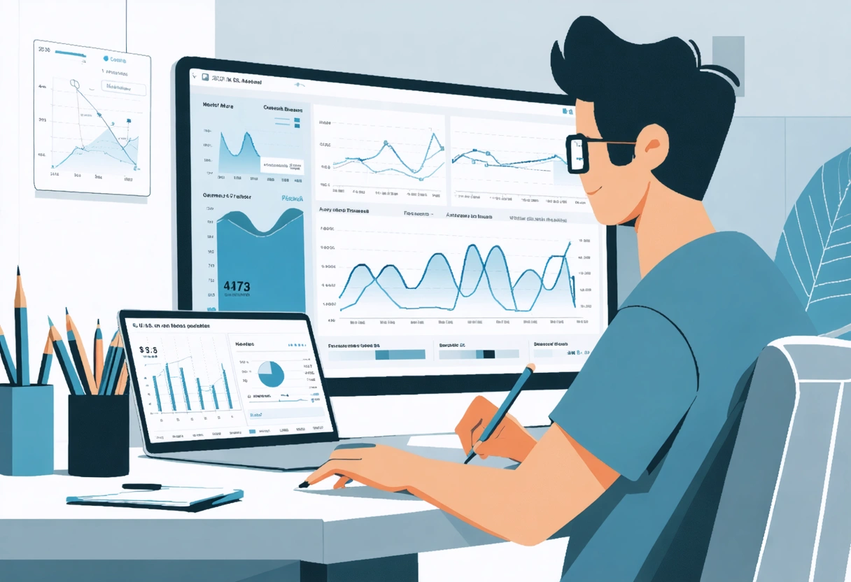 Data analysts reviewing charts and graphs generated by AI marketing analytics software on multiple screens