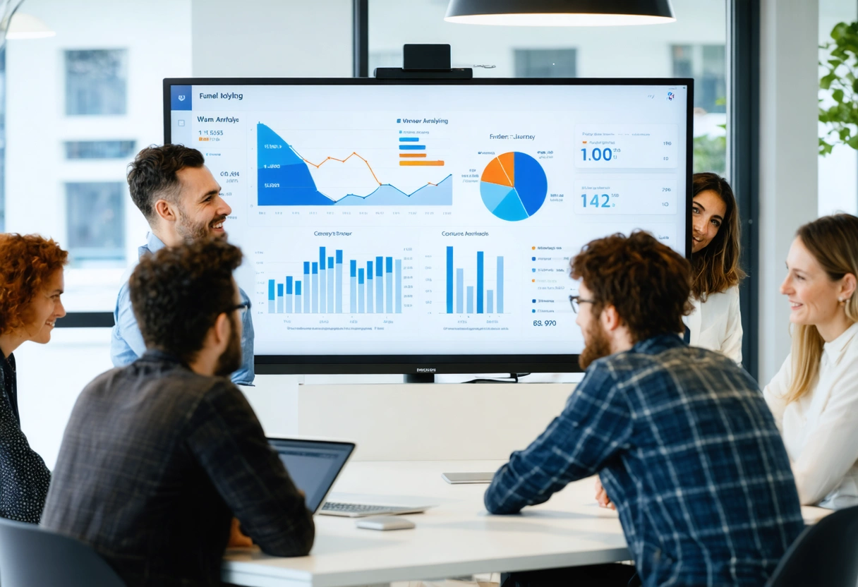 Business professionals analyzing competitor data visualizations and market trends on an AI-powered dashboard