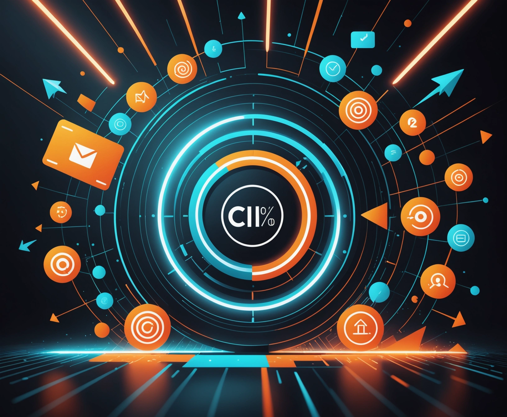 Modern digital marketing illustration with abstract glowing icons and data visual cues