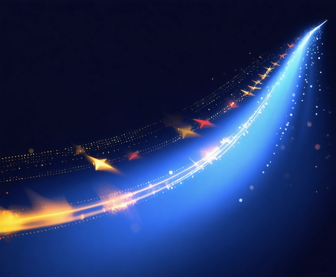 Abstract upward flow of glowing light trails, arrows, and dots on navy background