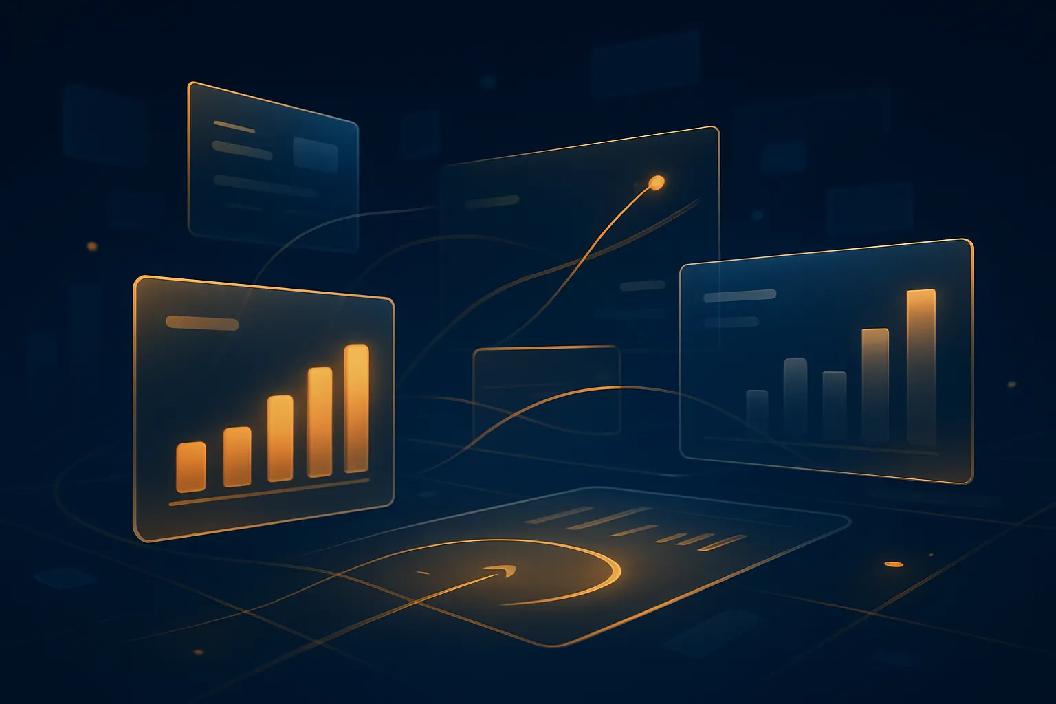 Abstract upward flow of glowing light trails, arrows, and dots on navy background