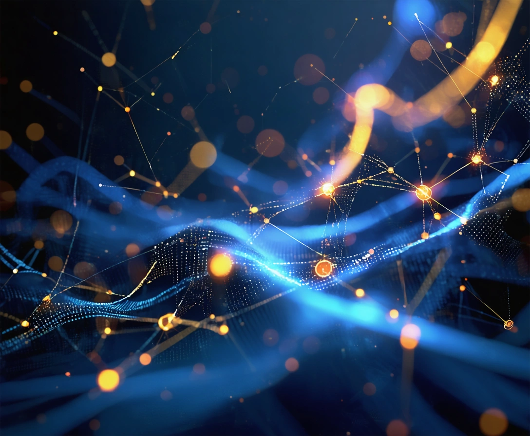 home-p-3 Futuristic digital composition with glowing data streams and interconnected nodes