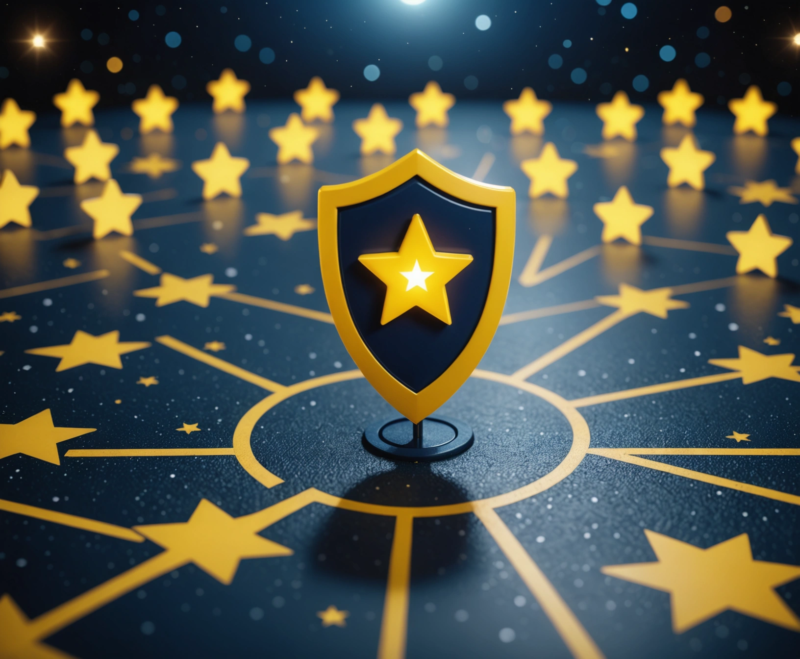 Digital location pin surrounded by stars and trust symbols