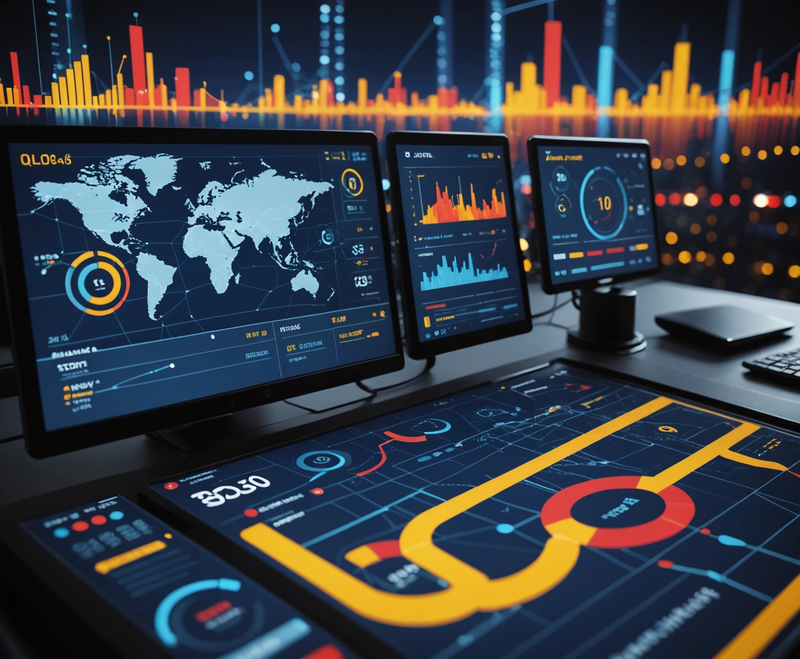 Futuristic dashboard illustration with analytics graphs and map icons