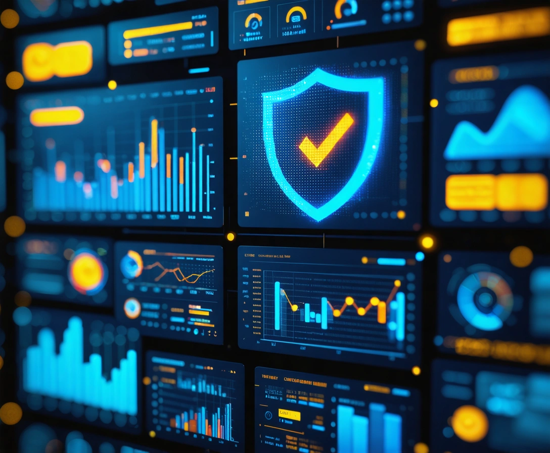 Digital dashboards, reputation graphs, and review bubbles with protection symbols
