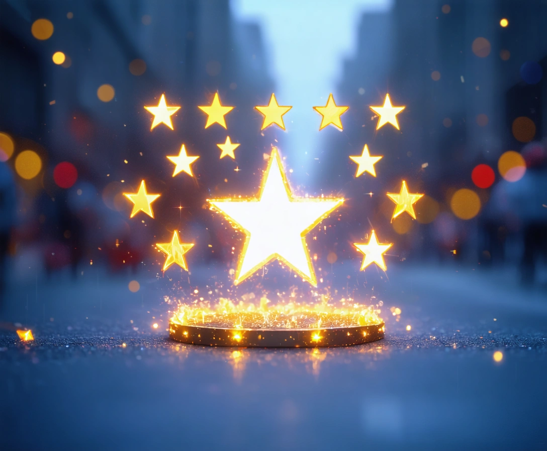 Digital scene of positive customer reviews and a glowing brand logo