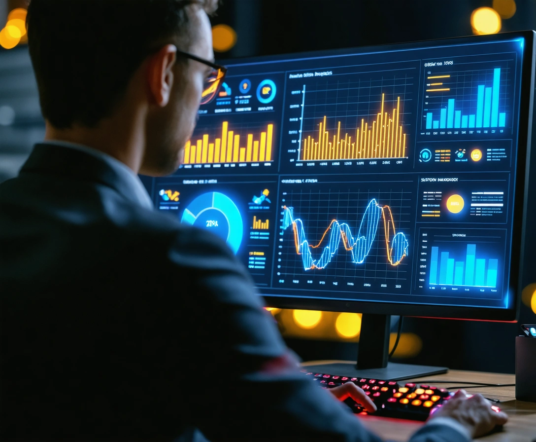Business professional analyzing performance charts on a computer