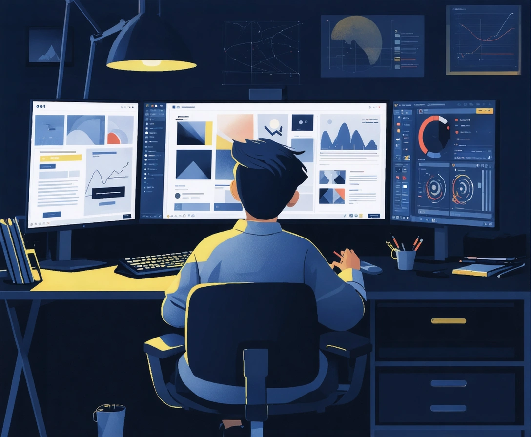 Professional designer working on a multi-screen computer with website layouts