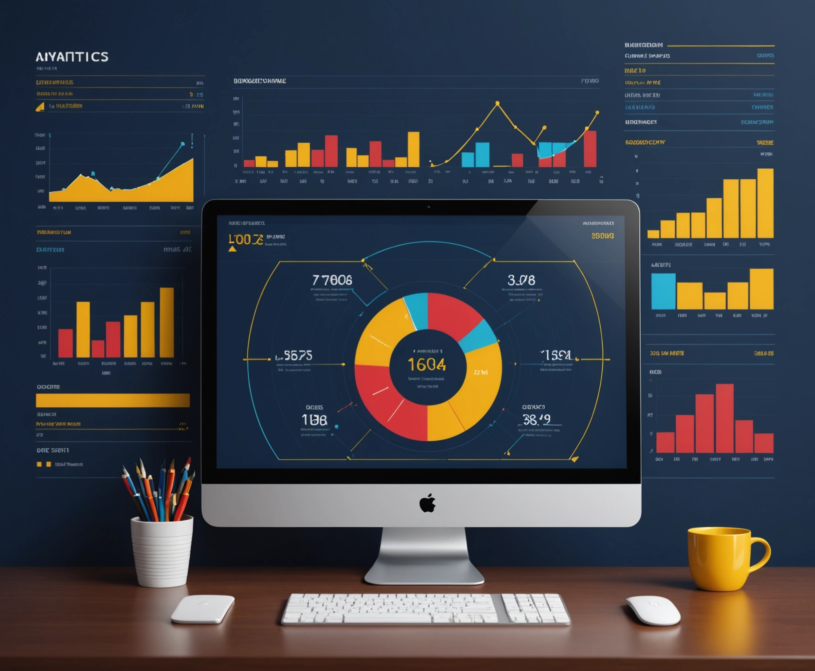 Computer screen displaying analytics charts and UI elements in navy and yellow