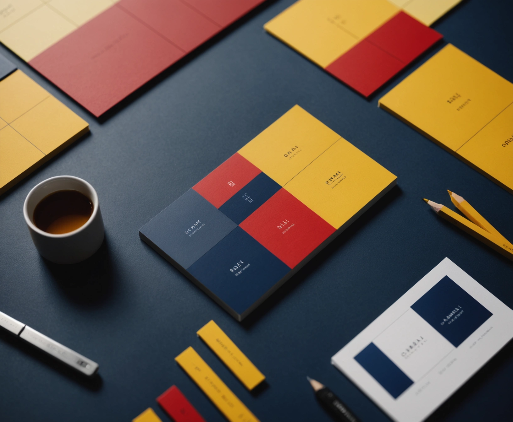 Elegant workspace with abstract branding elements in yellow, navy, and red