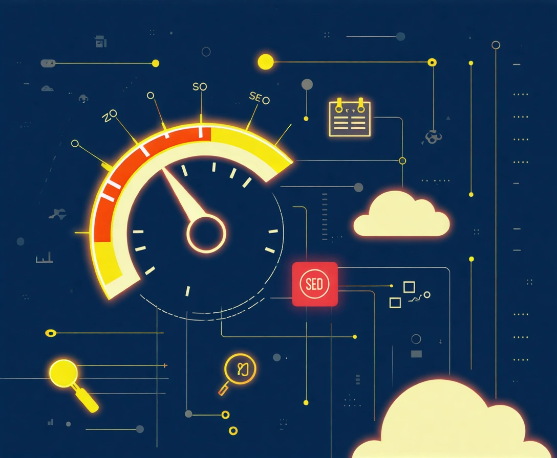 Illustration of website speed gauge, cloud connections, and SEO symbols