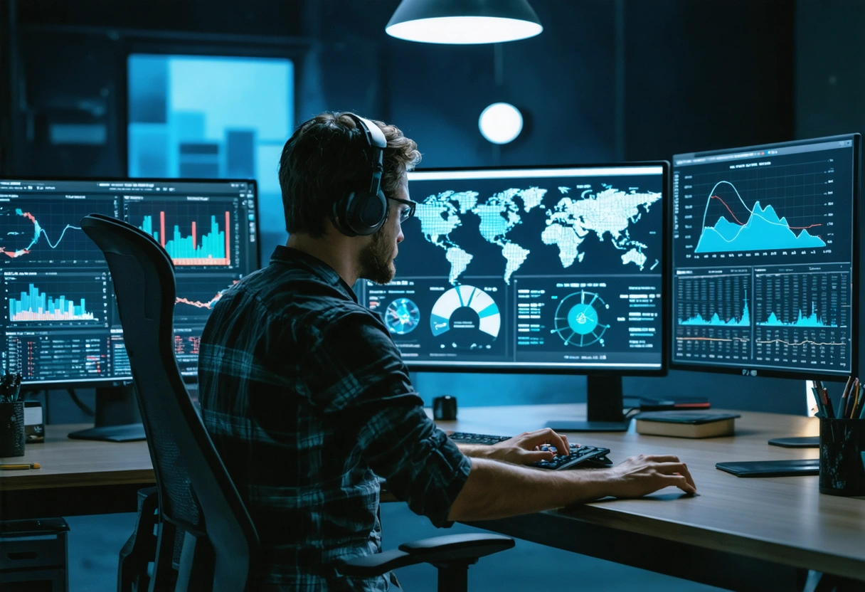 Digital marketer analyzing data on multiple screens in a modern office, focused and determined.