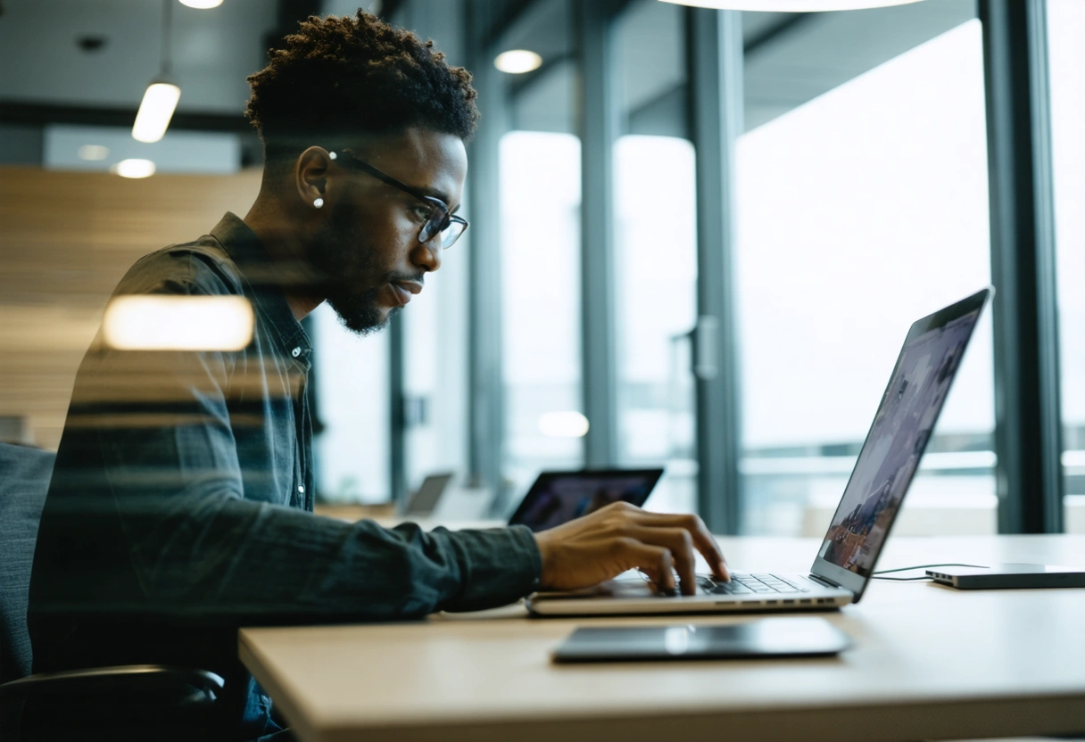 Digital marketing strategist reviewing AI insights on a laptop in a modern office setting.
