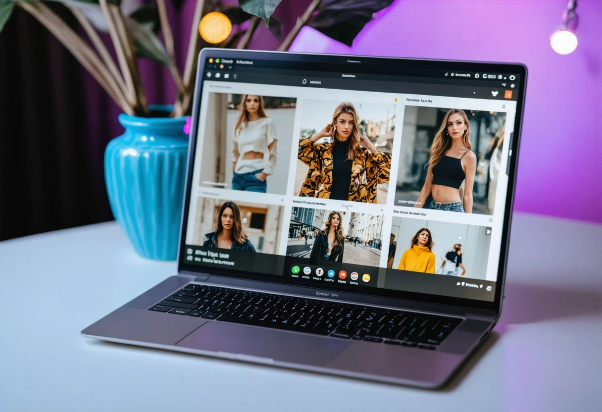Laptop showing vibrant fashion ad campaign with influencer photos and colorful clothing
