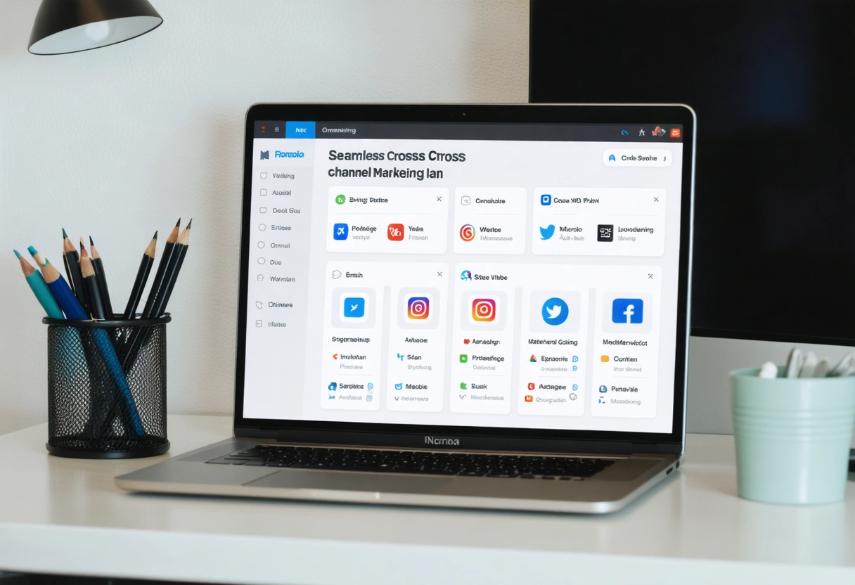 Laptop displaying cross-channel marketing plan with social media, email, and website integration