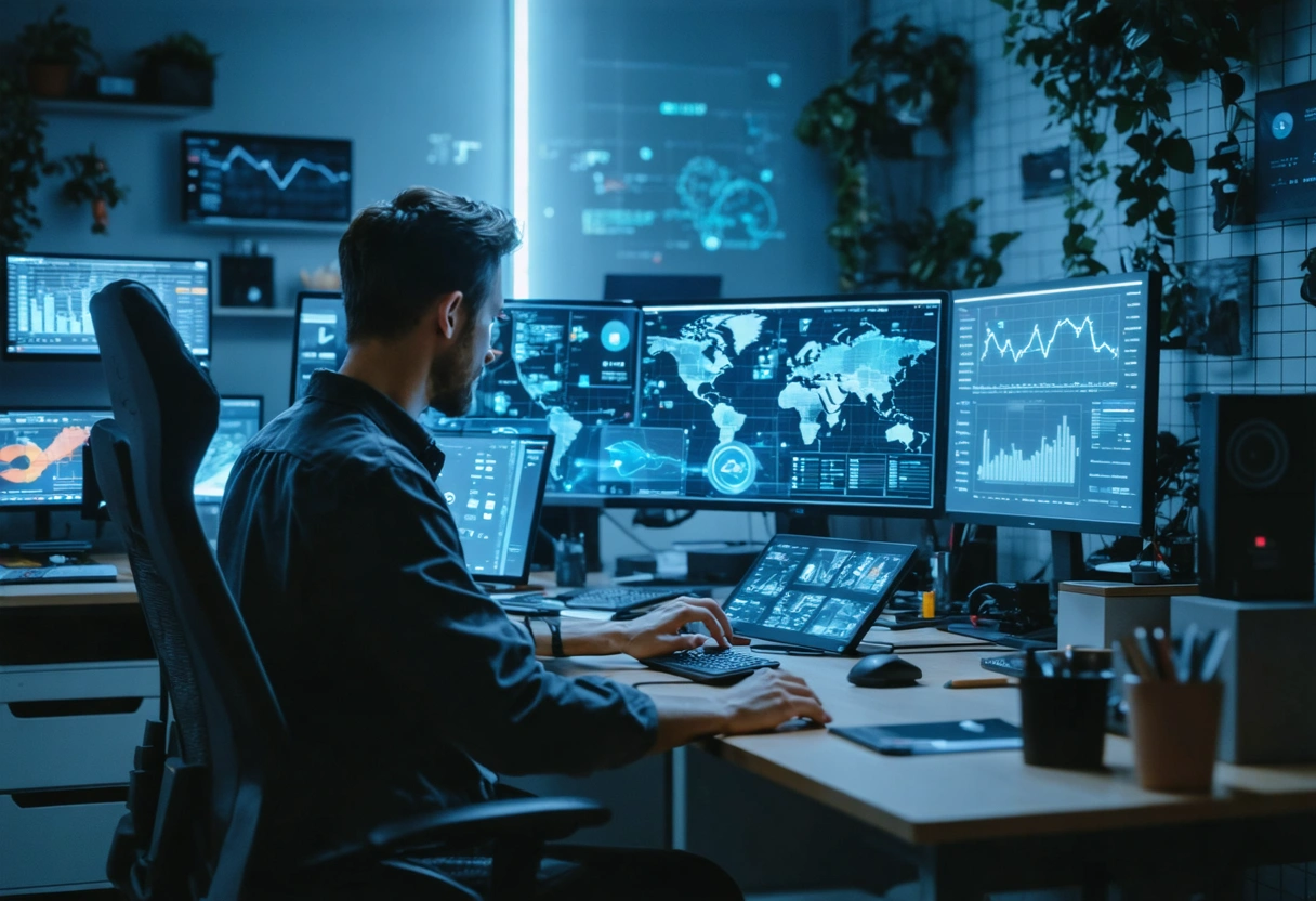 Marketer using AI-driven analytics dashboard with programmatic advertising tools in futuristic office