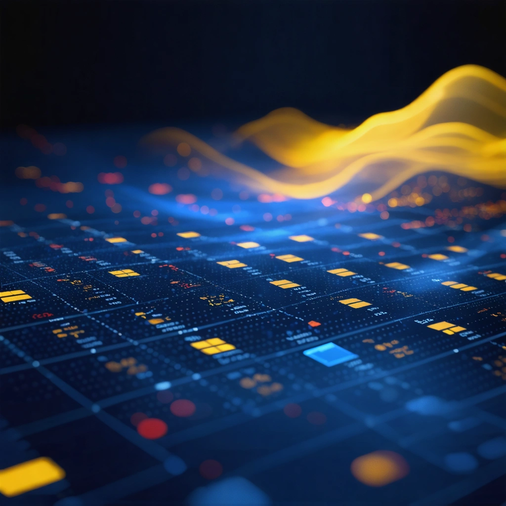 Abstract digital calendar on a navy background with glowing squares