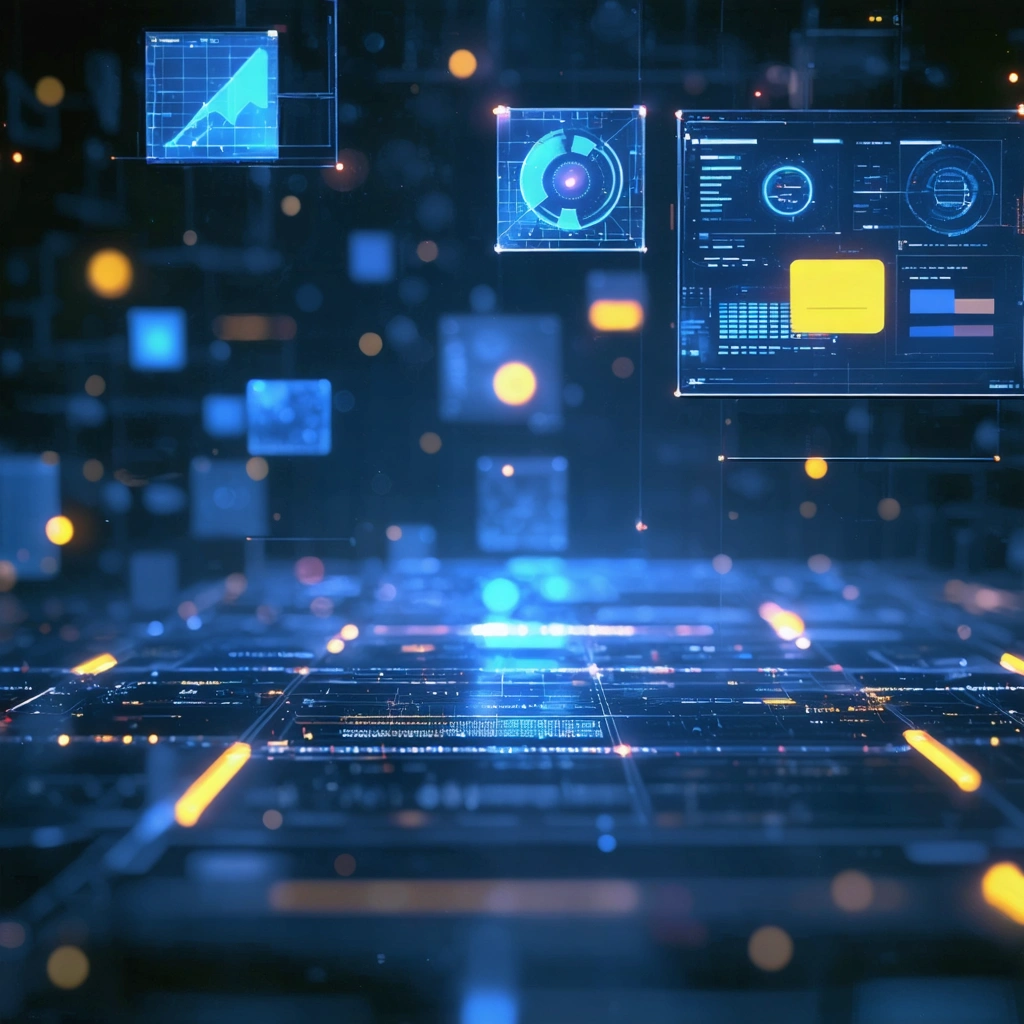 Digital workspace with floating data fields and glowing boxes on navy background