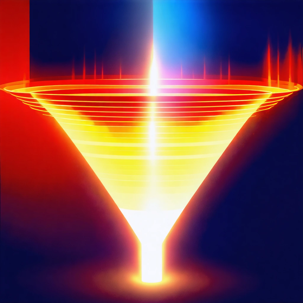 Abstract glowing funnel with light paths on a navy background