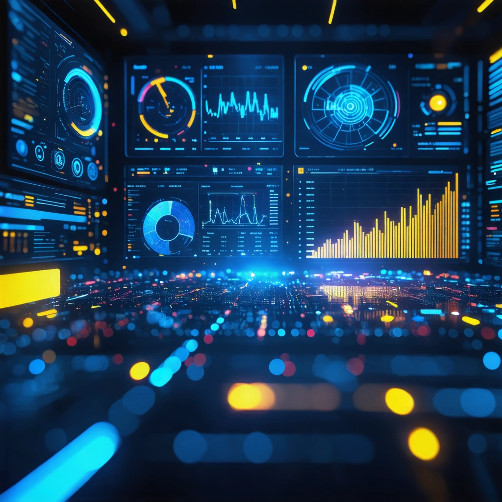 Futuristic dashboard with glowing graphs and flowing data streams
