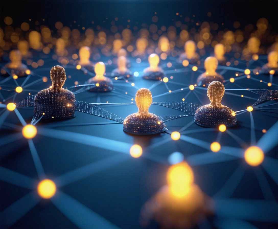 Interconnected glowing nodes representing audience segments on a navy background