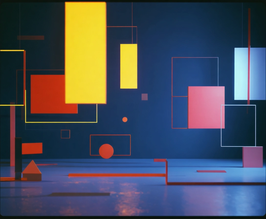 Digital scene with floating rectangles and abstract elements on navy background