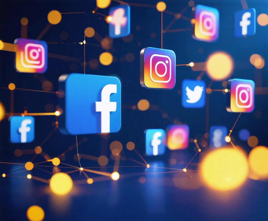 Social media icons and content tiles floating on a navy background