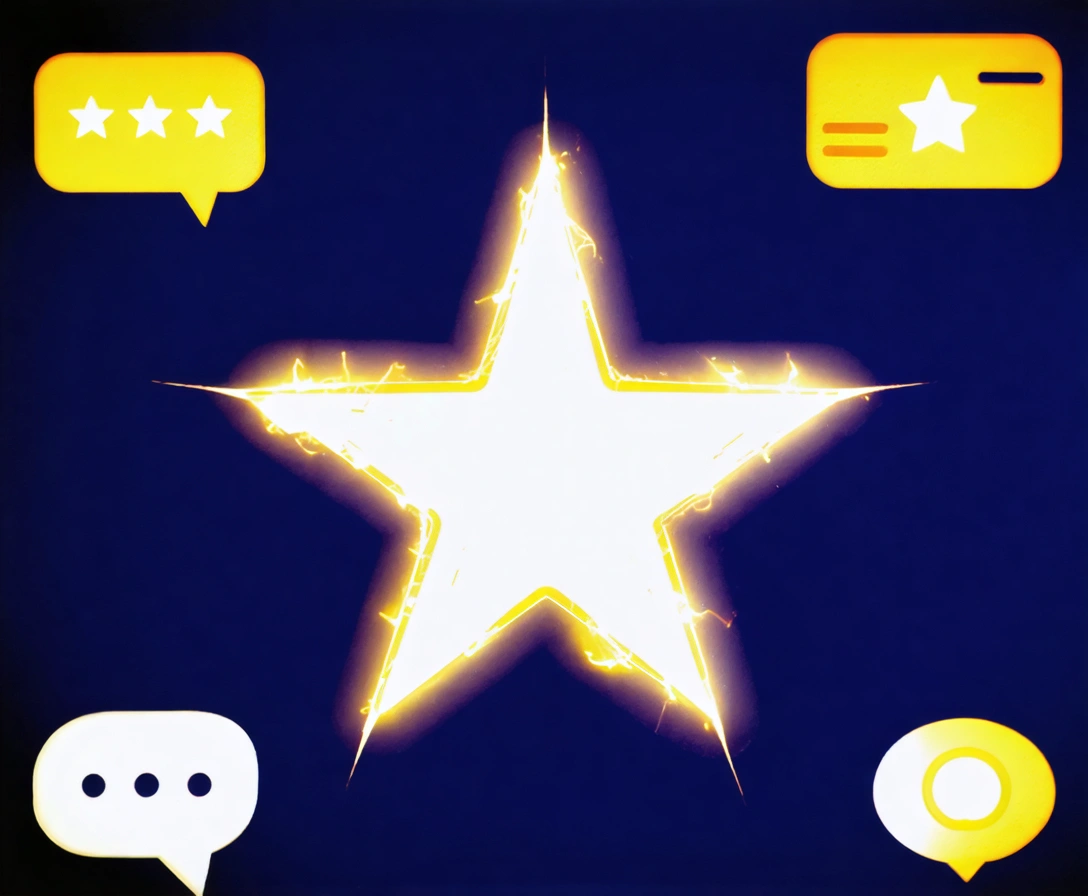 Glowing five-star symbol surrounded by review icons on navy background