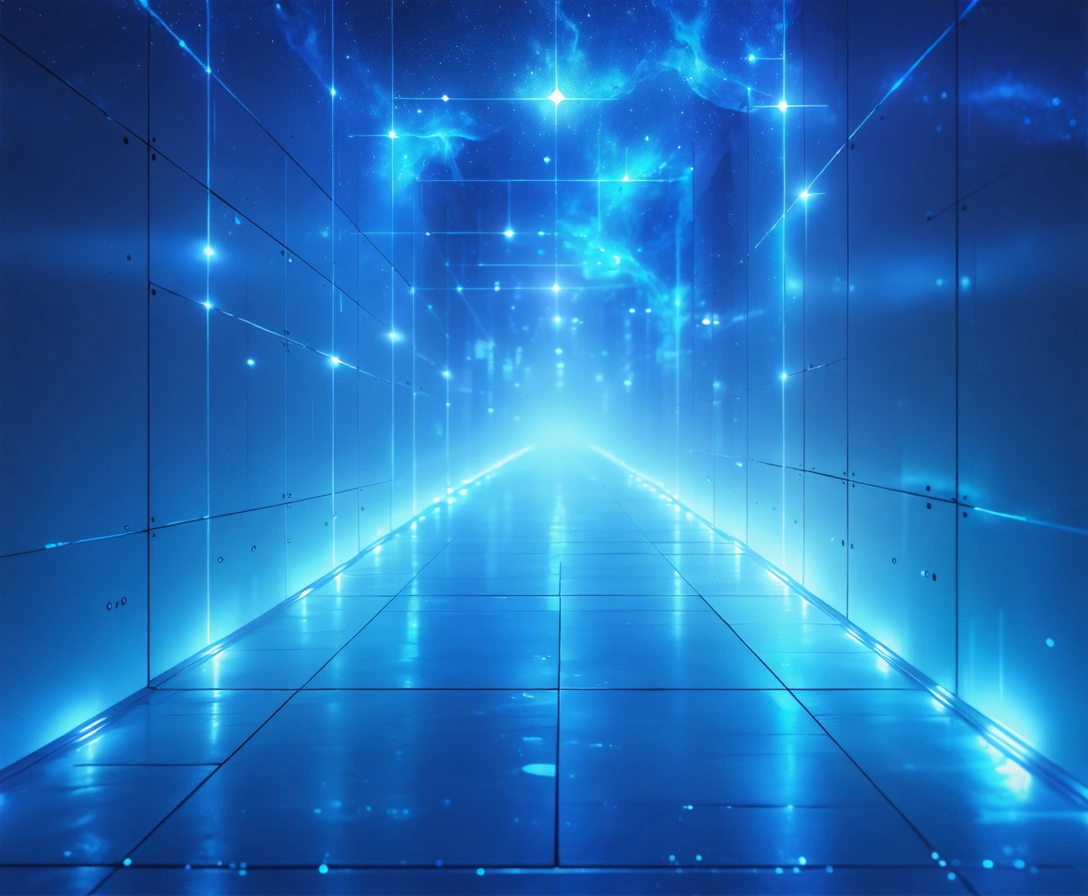 Futuristic corridor with a glowing neural network and soft blue ambient light