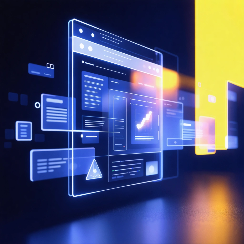 Illustration of website speed gauge, cloud connections, and SEO symbols